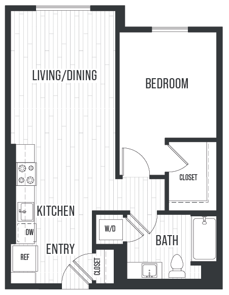 Floor plan 1B. One bedroom, one bath at Sixth & Jackson Apartments in Japantown, San Jose.